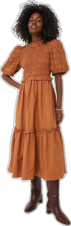 Casual Midi Dress With Elastic Waistband For Fall, Brown Ruffled Midi Dress For Daywear, Brown Dress With Smocked Bodice For Daywear, Brown Smocked Bodice Dress For Daywear, Brown Midi Dress For Fall Vacation, Bohemian Brown Midi Dress With Ruffles, Brown Ruched Midi Dress For Spring, Casual Brown Midi Dress With Ruffle Hem, Brown Dress With Smocked Back For Daywear