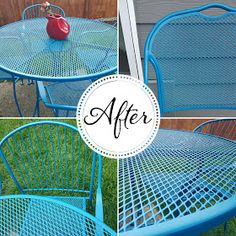 before and after photos of an old metal patio table with blue paint on the top