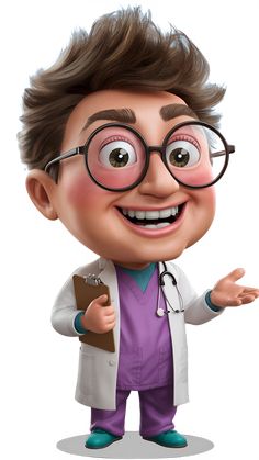 a cartoon male doctor with glasses and a stethoscope pointing at the camera