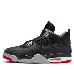 The Air Jordan 4 Retro 'Bred Reimagined' is a fresh take on the iconic silhouette, released on February 17, 2024. This sneaker reinvents the classic Jordan 4 by replacing the traditional nubuck material with a sleek black leather upper. Heritage details like quarter panel netting, gray molded eyelets, and Nike Air branding on the heel tab pay homage to the original 1989 release. The colorway in Black, Cement Grey, Varsity Red, Summit White strikes a balance between boldness and tradition. Whethe Black And Red Jordans 4s, Black And Grey Jordans, Jordan 4 Retro Bred, Beauty Apps, Pretty Sneakers, Jordan 4s, Rainbow Shoes, Black Jordans, Pretty Shoes Sneakers