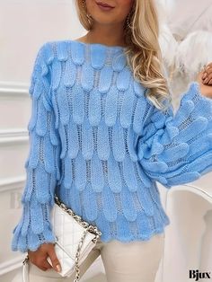 Bjux - Womens Elegant Flared Sleeve Cut-Out Knitted Pullover Sweater - High-Quality Clothing Choice Alledaagse Outfit, Crochet Feather, Elegantes Outfit Frau, Textured Knit Sweater, Pull Crochet, Winter Pullover, Chale Crochet, Boatneck Sweater, Knitting Women Sweater