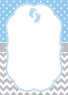 a blue and gray baby shower card with footprints on the bottom, in front of a che