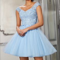 Morilee Damas Quinceanera Two Piece Beaded Lace Party Dress #9577 Bahama Blue - Size 4 New With Tags, Never Worn, Just Purchased August 2021 Light Blue Dama Dresses, Alice In Wonderland Quince Dress, Light Blue Party Dress With Lace Bodice, Blue Party Dress With Lace Bodice, Blue Evening Dress With Lace Bodice For Debutante Ball, Damas Quinceanera, Bear Quince, Quinceanera Dresses For Damas, Baby Blue Quince Dresses