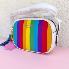 Kate Spade Kourtney Spectrum Stripe Camera Bag. Adorable Rainbow Striped Crossbody Bag, Special Release To Celebrate Pride. Zip Close, Interior And Exterior Pocket. Brand New With Tags, Still Sealed In Original Mfr Packaging! White Kate Spade Bag With Zipper Closure, Kate Spade Multicolor Tote Bag, Luxury Multicolor Kate Spade Bags, Kate Spade Multicolor Travel Bag, Kate Spade Multicolor Shoulder Bag For Travel, Trendy Multicolor Kate Spade Bag, Multicolor Rectangular Shoulder Bag By Kate Spade, Chic Multicolor Kate Spade Shoulder Bag, Fun Purses