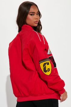 Available In Red. Bomber Jacket Oversize Fit Zip Front Closure Funnel Collar Woven Badges Pipping Detail Embroidery Fully Lined Lightweight Padding Disclaimer : Embroidery Placement Will Vary Shell: 100% Cotton Lining: 100% Polyester Filler: 100% Polyester Imported | Racing Cali Bomber Jacket in Red size Small by Fashion Nova Detail Embroidery, Embroidery Placement, Sweater Jumpsuit, Red Jacket, Red Fashion, Funnel, Sweater Jacket, Oversized Fits, Cali