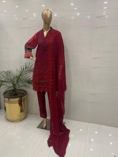 Fabric:   lawn   3 pc shirt trouser dupatta  Shirt: Embroidered Chikankari   shirt  beautifully embroidered chicken kari daman printed embellished sleeves , printed  back  embroidered  chiffon duptta  Plain trouser Measurement  🧵  medium 👗  Shoulder: 15  Chest: 40 Waist: 46 Sleeves length: 18 Shirt length: 38  Aramhole: 9.5  Trouser length: 37  Large 👗  Shoulder: 15  Chest: 46  Waist: 49 Sleeves length: 19 Shirt length: 40  Aramhole: 10.5  Trouser length:  37 Embroidered Chicken, Chiffon Dupatta, Three Piece Suit, Dress Clothes For Women, Favorite Outfit, Lawn, Ready To Wear, Chiffon, Dress Outfits