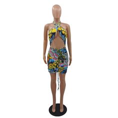 Abstract Print Cross Halter Backless Bodycon Dress Fitted Halter Neck Mini Dress Beach Cover-up, Cross-tied Halter Neck Beach Dress, Spring Beachwear Halter Dress, Backless, Stretch Cross-tied Crisscross Halter Top, Sleeveless Stretch Halter Top With Cross-tied Details, Backless Bodycon Dresses, 1 Million, Abstract Print, Bodycon Dress