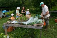 several people are gathered around a table with vegetables on it in the grass, and one person is holding a shovel