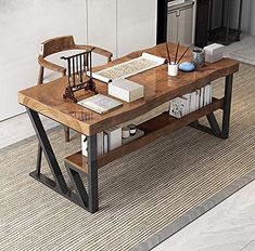 a wooden table sitting on top of a rug