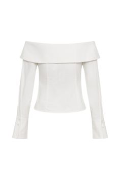 Classic everyday. The SPENCER Off Shoulder Shirting Top effortlessly blends classic tailoring with a modern twist. Featuring a centre front button closure and rounded collar shaping, this top showcases a chic Bardot neckline that elegantly frames the shoulders. Its fitted design and long sleeves with flared cuffs add a touch of sophistication and drama. Perfectly versatile, the Spencer pairs beautifully with the Angie Pleated Buckle Mini Skirt for a playful, refined look or with the Penelope Ple Chic Summer Blouse With Fold Down Collar, Chic Fold Down Collar Summer Blouse, Chic Fold Down Collar Blouse For Summer, Elegant Formal Blouse With Structured Shoulders, Fitted Summer Blouse With Fold Down Collar, Summer Fitted Blouse With Collar, Elegant Tops With Button Closure, Modern Fitted Blouse For Business Casual, Timeless Fitted Blouse For Work