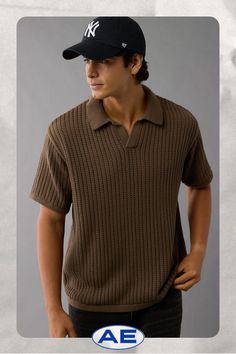 Crocheted cotton knit/Johnny collar for a relaxed polo vibe/Straight hem/This is Real Good: Made with the planet in mind & a promise to continue to do better. Weekend Sweater, White Jeans Men, Sweater Polo, Athletic Fit Jeans, Johnny Collar, Dream Jeans, Curvy Jeans, Loose Jeans, Polo Sweater