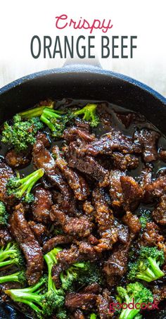 beef and broccoli stir fry in a skillet with the words crispy orange beef