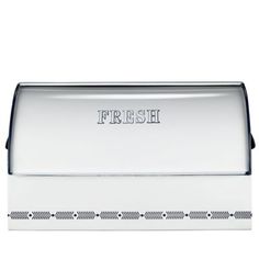 a metal tray with the word fresh on it's side and an arrow pattern