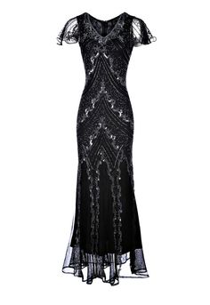 Dame Black Beaded Flapper Dress 1920s Great Gatsby Dress by Jywal Elegant Floor-length Flapper Evening Dress, Elegant Floor-length Flapper Dress, Elegant Floor-length Flapper Dress For Gala, Black Sequin Flapper Dress For Gala, Elegant Formal Floor-length Flapper Dress, Elegant Fitted Floor-length Flapper Dress, Black Gatsby Style Wedding Dress, 1920s Beaded Evening Dress, Black Flapper Dress For Wedding