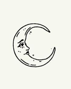 a drawing of a crescent moon with a person's face in the center, on a white background