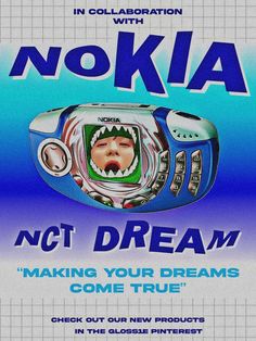 the poster for nokia's not dream contest is shown in blue and white colors