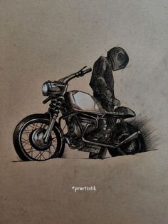 a drawing of a man riding on the back of a motor cycle with his head down