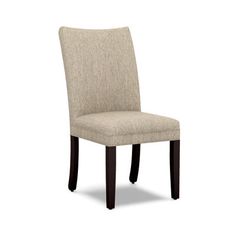 the side view of a beige chair with dark wood legs and an upholstered seat