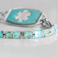 Medical Id Bracelets Woman, Nickel-free Southwestern Turquoise Beaded Bracelets, Southwestern Turquoise Nickel-free Beaded Bracelets, Southwestern Turquoise Nickel Free Beaded Bracelets, Nickel-free Turquoise Beaded Bracelets, Southwestern Style, Adjustable Southwestern Silver Beaded Bracelets, Spiritual Nickel-free Turquoise Beaded Bracelets, Hypoallergenic Turquoise Beaded Bracelets For Healing, Adjustable Silver Beaded Bracelets In Southwestern Style