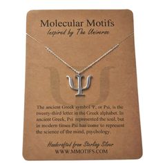 "My Psi symbol pendant is cast from sterling silver and makes a great statement piece for those interested in the field of Psychology  🎁 Comes with a complimentary adjustable Sterling Silver 1mm link chain that matches the finish of the pendant. It's my gift to you as a big thank you for supporting my handmade shop!  ✦ ABOUT Ψ ✦  This ancient Greek symbol, Ψ, or Psi, is the twenty-third letter in the Greek alphabet. In ancient Greek, this symbol meant \"butterfly\" and was used to describe the Psychology Symbol, Ancient Greek Symbols, Greek Symbol, Science Jewelry, Greek Alphabet, Science Themes, My Gift, Themed Jewelry, Ancient Greek