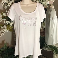 Cosmo Girl Sparkles On This Scoop Neck T-Shirt With Rhinestone Design In Pink And Silver. Excellent Condition. Never Worn. Fiber Content: 100% Polyester Care: Machine Washable Party T-shirt With Rhinestones And Short Sleeves, Fitted Rhinestone Crew Neck T-shirt, Rhinestone Crew Neck Tops For Party, Party Crew Neck Tops With Rhinestones, Fitted Rhinestone T-shirt For Party, Party Tops With Rhinestones And Crew Neck, Summer Glitter Print Crew Neck Top, Summer Crew Neck Tops With Glitter Print, Summer Rhinestone Short Sleeve Tops