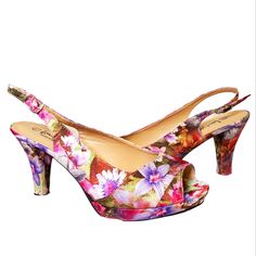 Lena Luisa Women's Purple Floral, Adjustable Slingback, Peep-Toe Platform Heels. Condition: Nwot; Minimal Sole Scuffing From In-Store Try-On. (See Pics) Purple Floral, Platform Heels, Shoes Women Heels, Pink Purple, Shoes Heels, In Store, Size 7, Women Shoes, Heels