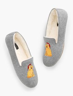 Coziness achieved. Slip into the plush comfort of our easygoing slippers. Crafted with an adorable golden retriever embroidery. Memory foam footbed feels great all day. Heel and arch padding for extra comfort and support. Flexible outsole for improved stability. Features Round Toe Memory foam footbed Imported Material: 100% Cotton | Fireside Embroidered Slippers - Golden Retriever - 100% Cotton Talbots Embroidery Memory, Golden Retriever Embroidery, Adorable Golden Retriever, Embroidered Slippers, Modern Classic, Golden Retriever, Memory Foam, Arch, Slippers