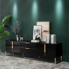 a black and gold sideboard in a green room