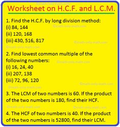 worksheet on h c f and l c m 1 find the h c f by long division method