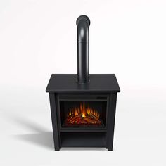 a black fireplace with flames in it and a metal pole sticking out of the top