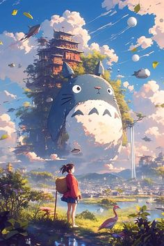 a person with a backpack looking at a totoro in the sky above water