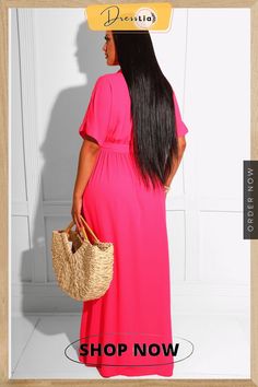 Turn Down Collar Short Sleeve Maxi Shirt Dresses Pink Solid Color Maxi Dress For Summer, Pink Solid Color Summer Maxi Dress, Solid Color Short Sleeve Maxi Dress For Vacation, Solid Color Short Sleeve Maxi Dress For Daywear, Maxi Dress With Short Sleeves For Daywear, Pink Solid Color Midi Dress For Vacation, Plain Pink Summer Dress, Spring Short Sleeve Plain Maxi Dress, Pink Half-sleeve Maxi Dress For Spring