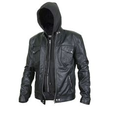 Different from other biker jackets on the market, this hoodie is ideal for warding off the cold winter chill.   A double zipper enhances the layered look.   The jacket front features snap tab flap pockets on the chest, and two jetted, zipped pockets on the waist. Fitted Hooded Biker Jacket With Pockets, Winter Fitted Biker Jacket With Double-lined Hood, Fall Outdoor Leather Jacket With Double-lined Hood, Hooded Biker Jacket With Zipper Closure, Fitted Hooded Biker Outerwear, Fitted Biker Outerwear With Hood, Fitted Biker Jacket With Detachable Hood For Winter, Fitted Hooded Biker Jacket With Zipper, Fitted Hooded Biker Jacket With Zipper Closure