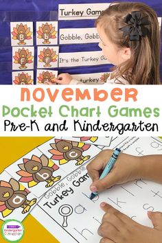 the november pocket chart game for pre - k and kindergarts is shown