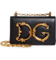 Dolce&Gabbana Logo Leather Crossbody Bag | Nordstrom Leather Crossbody Bag Small, Gold Bag, Black Leather Crossbody Bag, Trending Handbag, Vintage Aesthetic, Black Cross Body Bag, Metallic Leather, Chain Strap, Smooth Leather