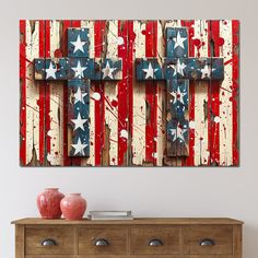 an american flag painted on wood with red, white and blue stars