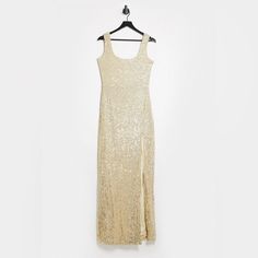 Never Worn, Nwt!! Beautiful Gold Sequin Dress With Split On The Left Leg. Perfect For A Wedding Or Nye! Square Neck Line Size: Us 2 / Uk 6 Bust: 33.8” Waist: 25.4” Hips: 36.6” I Bought It Off Asos And It Fits So Well! Fitted Sequin Maxi Dress For Bridesmaids, Gold Fitted Maxi Dress For Bridesmaids, Sheath Wedding Evening Dress With Sequins, Champagne Sleeveless Fitted Mother Of The Bride Dress, Embellished Fitted Maxi Dress For Bridesmaid, Fitted Holiday Maxi Dress For Bridesmaids, Fitted Maxi Dress For Bridesmaid At Holiday, Pink Maternity Maxi Dress, Vegas Wedding Dress