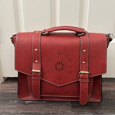 Never Used Pu Leather Messenger Bag With Crossbody Strap Retro Burgundy Satchel Shoulder Bag, Red Retro Crossbody Bag, Retro Red Crossbody Bag, Retro Burgundy Shoulder Bag For Daily Use, Retro Burgundy Shoulder Bag, Chic Red School Bag, Retro Red Bag With Adjustable Strap, Red Satchel With Hasp Closure For Daily Use, Retro Red Satchel For Everyday Use