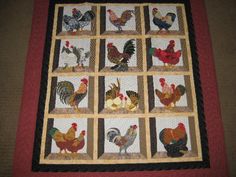 a quilted wall hanging with chickens and roosters on it's sides, in the shape of squares