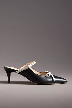 Maeve Bow Kitten-Heel Mules | Anthropologie Luxury Women's Kitten Heels With Branded Insole, Luxury Glamorous Kitten Heels With Pointed Toe, Luxury Kitten Heels, Dolce Vita Heels, Bow Mules, Clog Heels, Heel Mules, Bow Heels, Womens Mules