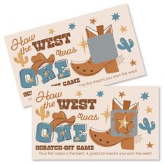 two tickets with cowboy boots and stars on them