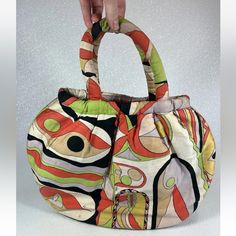 A Vintage 1960's Emilio Pucci For Jana Silk Shantung Bag Vintage 1960’s Emilio Pucci Bags By Jana Silk Purse Classic Multi-Color Pattern. Please See Signs Of Wear In Pictures, Staining. Retro Green Evening Bags, Multicolor Shoulder Bag With Rolled Handles, Vintage Bags With Rolled Handles, Multicolor Shopping Bag With Round Handle, Multicolor Shopping Bags With Round Handle, Mid-century Handheld Bag, Retro Orange Shopping Bag, Vintage Orange Shoulder Bag For Shopping, Vintage Orange Shopping Bag