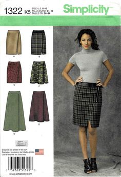 Simplicity 1322 Sewing Pattern - Misses' Mock Wrap Slim Skirt in Two Lengths and Mock Wrap Flared Skirt in Three Lengths Size: 8 - 10 - 12 - 14 - 16 Bust: 31 1/2 - 32 1/2 - 34 - 36 - 38 Waist: 24 - 25 - 26 1/2 - 28 - 30 Hip: 33 1/2 - 34 1/2 - 36 - 38 - 40 Copyright: 2014 Pattern is: Uncut, factory folded Envelope condition: Good NOTE: This is the original pattern, not a PDF or a reproduction. Not your size....Here is a link that shows you to resize a pattern... http://sensibility.com/blog/tips/h Straight Skirt Pattern, My Size Barbie, Flared Skirt Pattern, Wrap Skirt Pattern, Flamboyant Gamine, Flared Skirts, Spring 2015 Fashion, 2015 Fashion Trends, Skirt Patterns Sewing