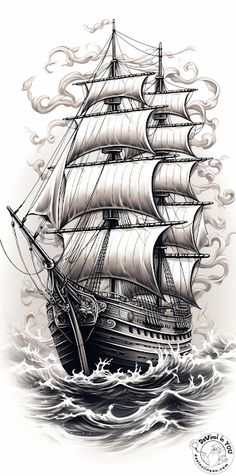 a black and white drawing of a sailing ship