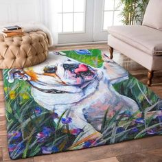 a rug with a dog on it in the middle of a room