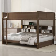 there is a bunk bed with a book shelf on the top and bottom shelves above it