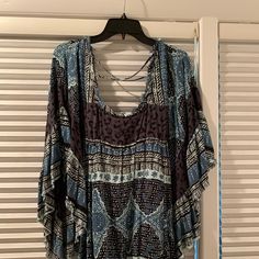 Bell Sleeves , With Drawstring And Flow Skirt, Never Worn Blue Bohemian Viscose Dress, Blue Tunic Top For Beach Cover-up, Blue Stretch Bohemian Dress, Stretch Blue Bohemian Dress, Blue Bohemian Stretch Dresses, Blue Rayon Beach Tops, Flow Skirt, People Dress, Free People Dresses