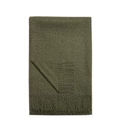 an olive green scarf with fringes on the ends and a black logo on the front