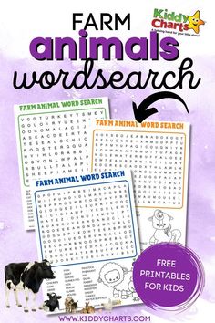 the farm animals word search is shown in purple and white with an arrow pointing to it