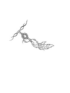 a black and white drawing of a long feather with beads on it's end